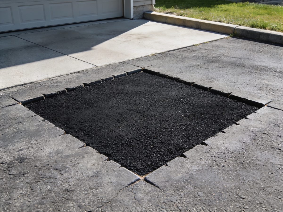A square saw-cut asphalt patch set flush into an older driveway surface