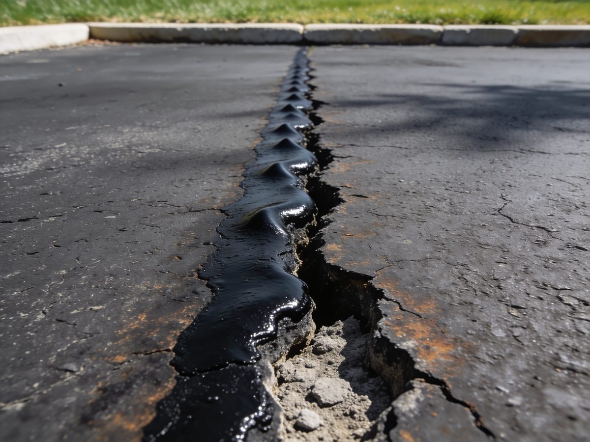 A crack in an asphalt driveway filled flush with black rubberised crack sealant