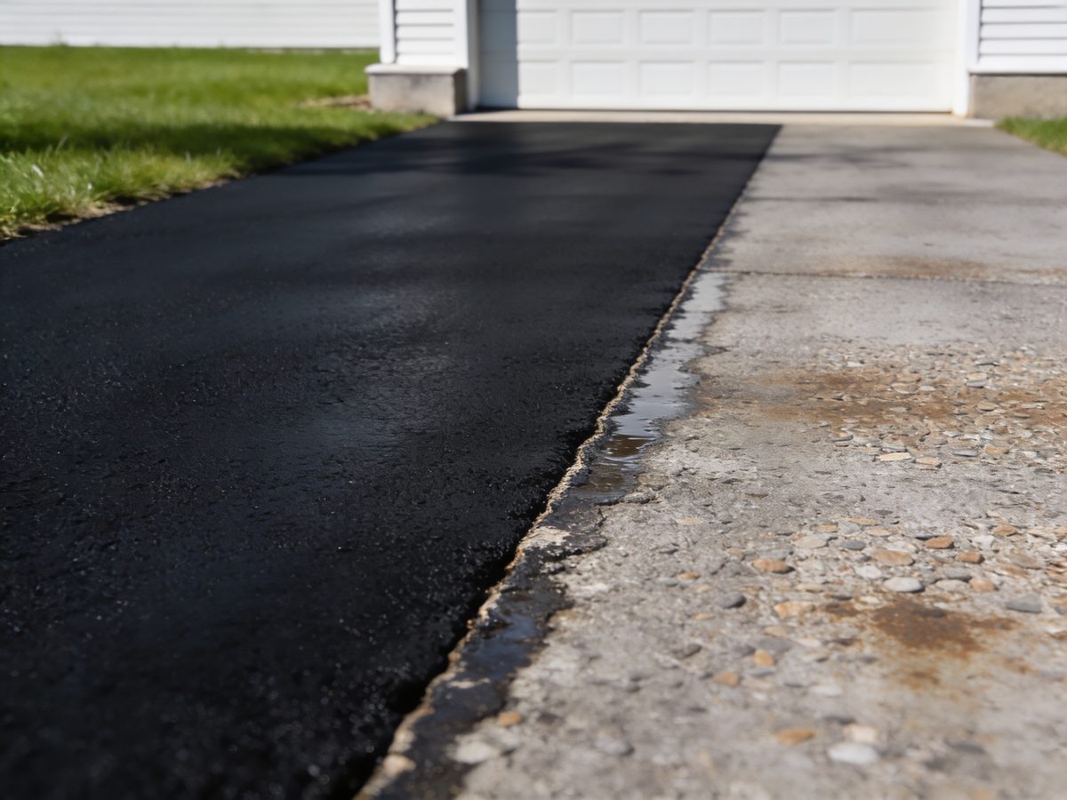 A wide asphalt driveway with one half freshly sealcoated black and the other still weathered grey