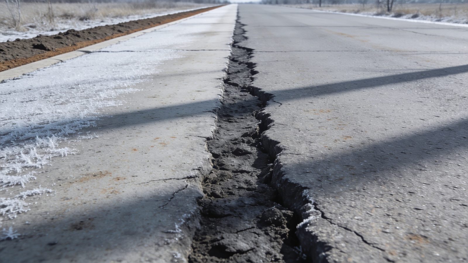 A long settlement crack in an asphalt driveway over clay soil in early spring