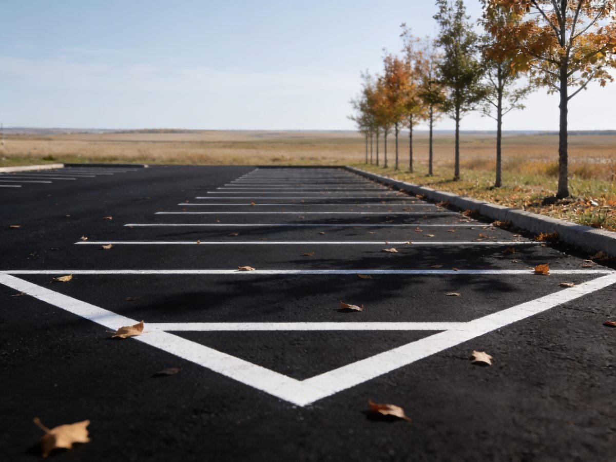 A sealed and striped parking lot with autumn leaves drifting across it