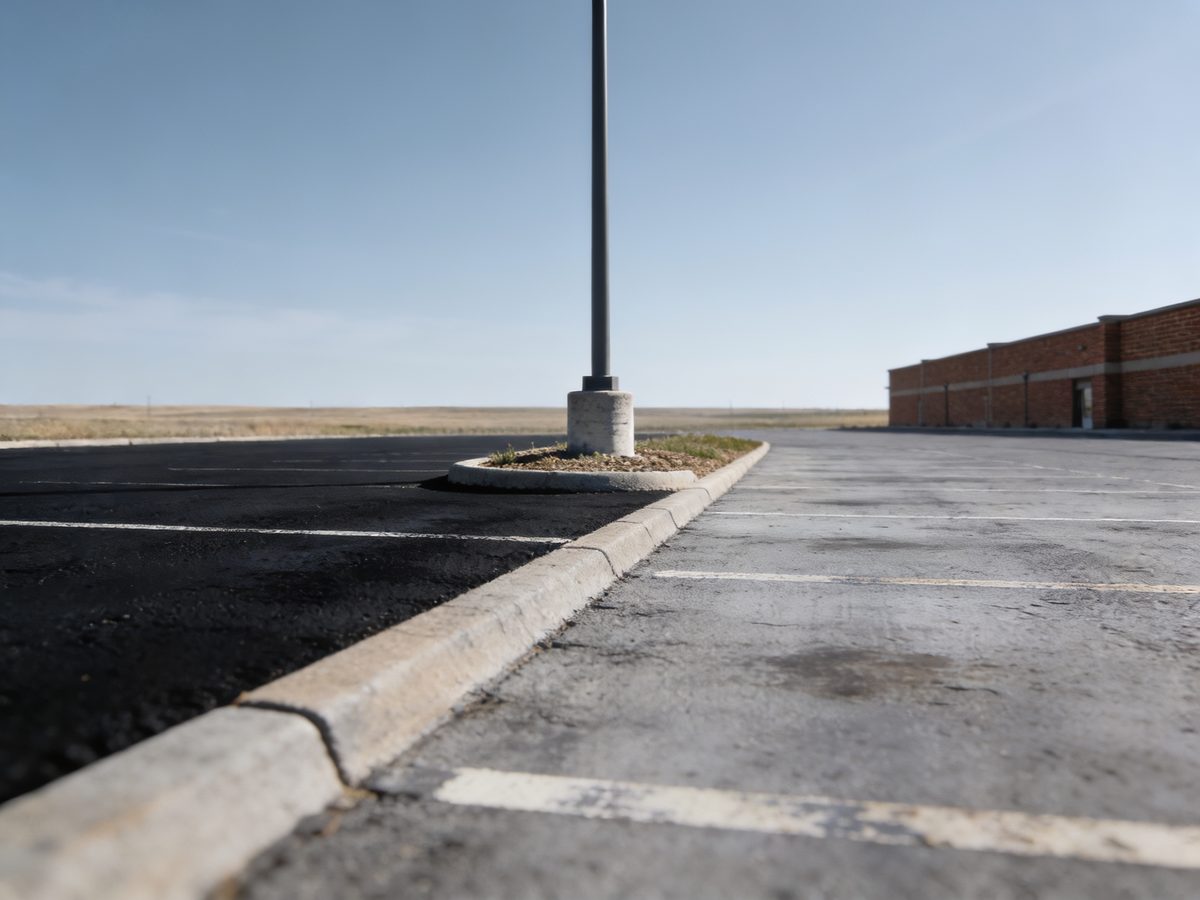 A parking lot with a freshly sealcoated section beside faded grey asphalt